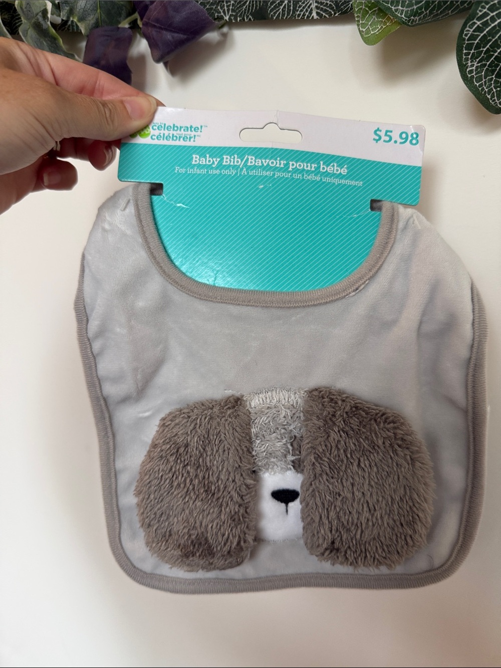 Celebrate It Gray Baby Bib with Plush Puppy Applique